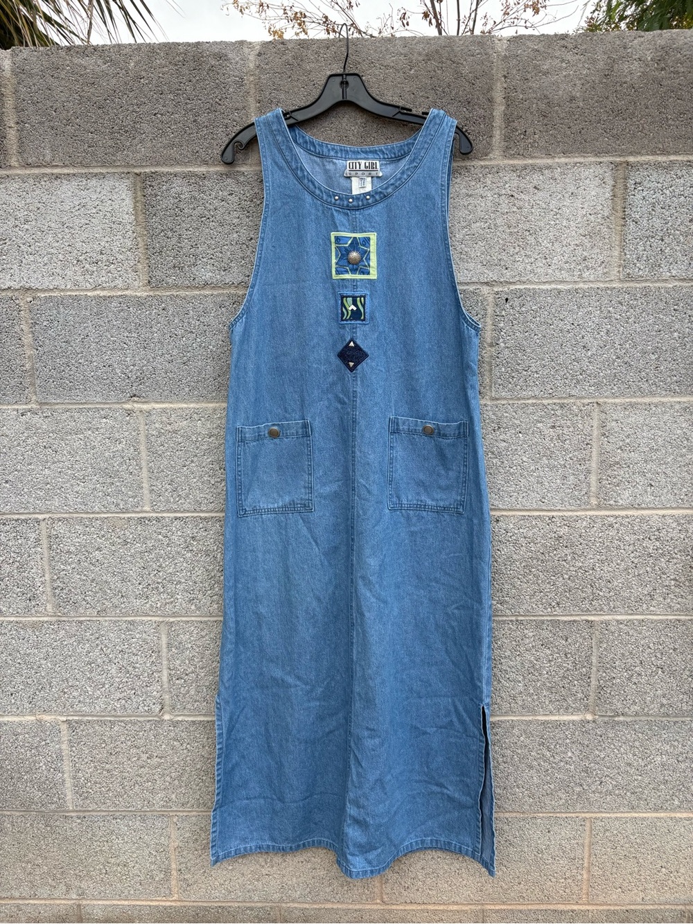 Vtg 90s City Girl Sport Denim Maxi Jumper Dress Size 12 Blue Sleeveless Pockets